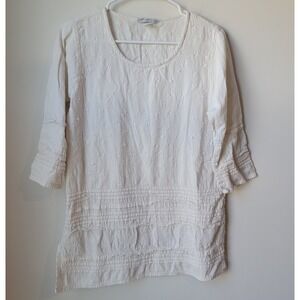 Vintage Eucalyptus Top Size Xs White‎ Floral Earthy Ruffle Boho 3/4 Sleeve